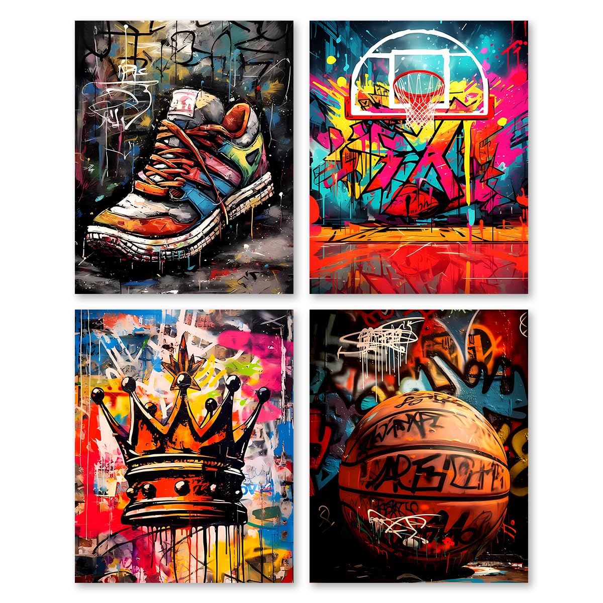 Street Sports Graffiti Basketball Art Prints – Set of 4 (8x10 inch) Wall Posters