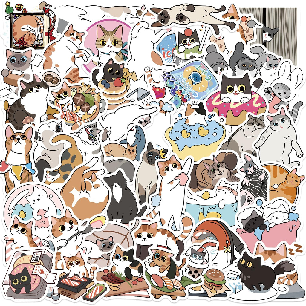 Cute Cat Stickers for Kids Water Bottles，50 PCS Vinyl Waterproof Cats ，Kids Adults Teens Party Favors Skateboard Pack Laptop Scrapbook Suitcase Luggage Guitar Computer