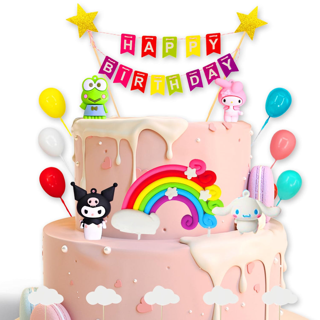 20-Piece Anime Birthday Cake Topper Set – Cute Dolls, Clouds, Rainbows & Happy Birthday Banner