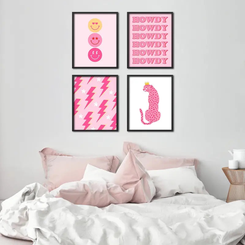 Preppy Room Decor Wall Art – 4-Piece Hot Pink & White Canvas Posters 8x10 inch