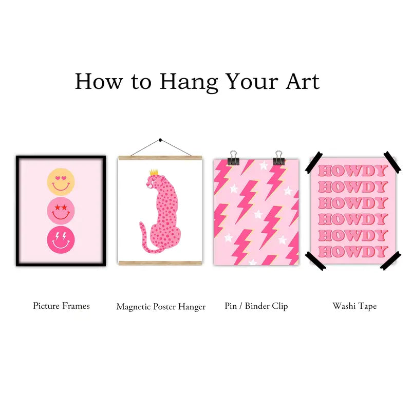 Preppy Room Decor Wall Art – 4-Piece Hot Pink & White Canvas Posters 8x10 inch