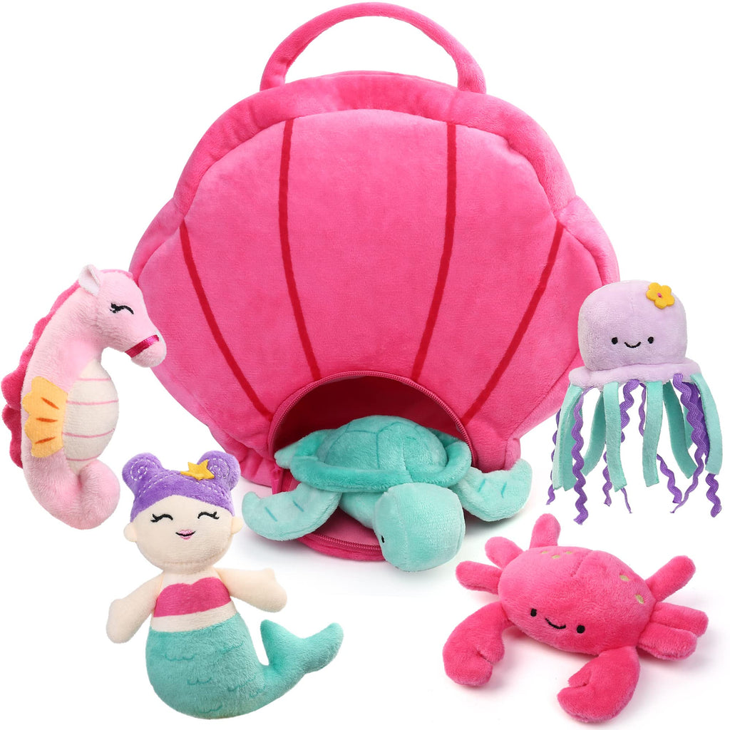 Mermaid Ocean Friends Plush Toy Set – 5 Sea Creature Stuffed Animals with Seashell Carrying Bag
