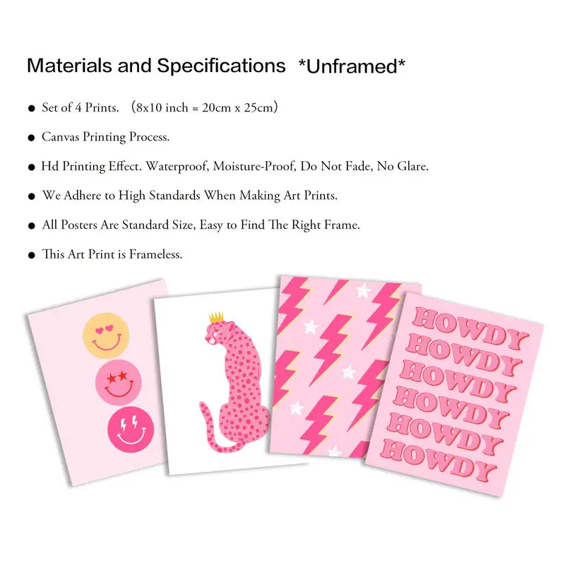 Preppy Room Decor Wall Art – 4-Piece Hot Pink & White Canvas Posters 8x10 inch