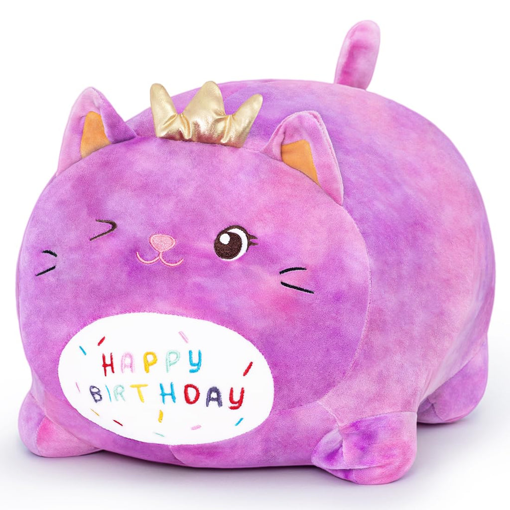 Happy Birthday Chubby Cat Plush Pillow – Super Soft Stuffed Animal Gift for Kids & Girls