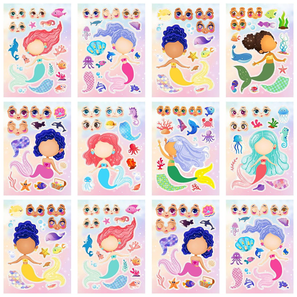 24 Sheets 8.27×5.9 Make Your Own Mermaid Stickers for Kids Toddlers Make a Face Stickers for Kids Party Favors Activities
