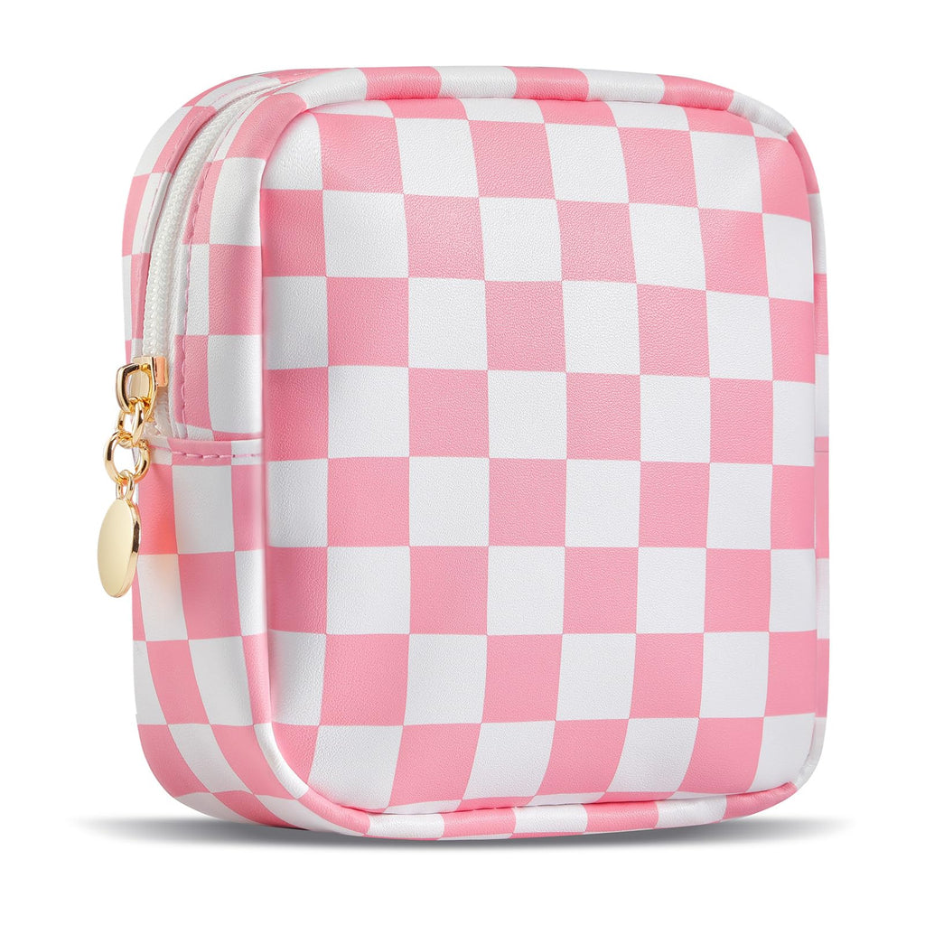 Pink Checkered Mini Makeup Bag – Cute PU Leather Cosmetic Pouch for Teen Girls
