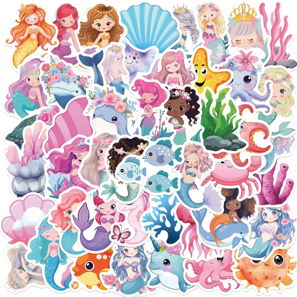 Mermaid Stickers 50-Pack – Waterproof Vinyl Marine Life Stickers for Kids