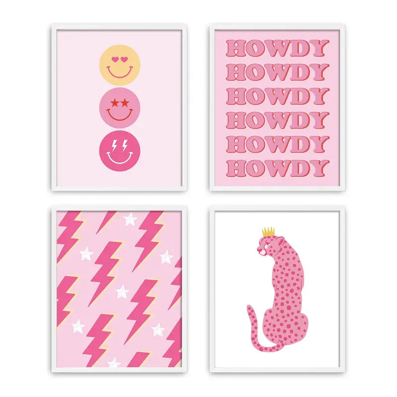Preppy Room Decor Wall Art – 4-Piece Hot Pink & White Canvas Posters 8x10 inch