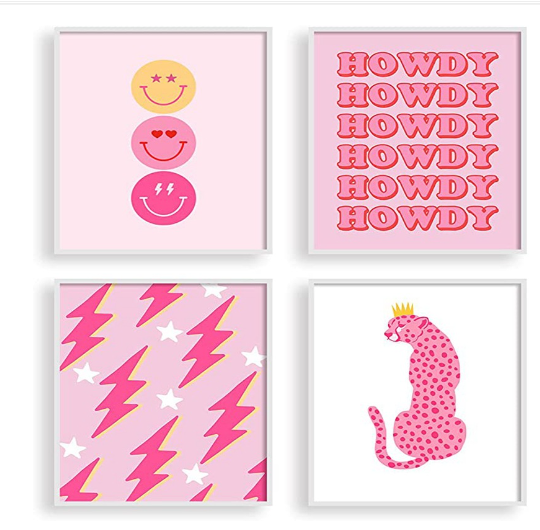 Preppy Room Decor Wall Art – 4-Piece Hot Pink & White Canvas Posters 8x10 inch