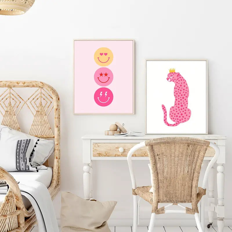 Preppy Room Decor Wall Art – 4-Piece Hot Pink & White Canvas Posters 8x10 inch