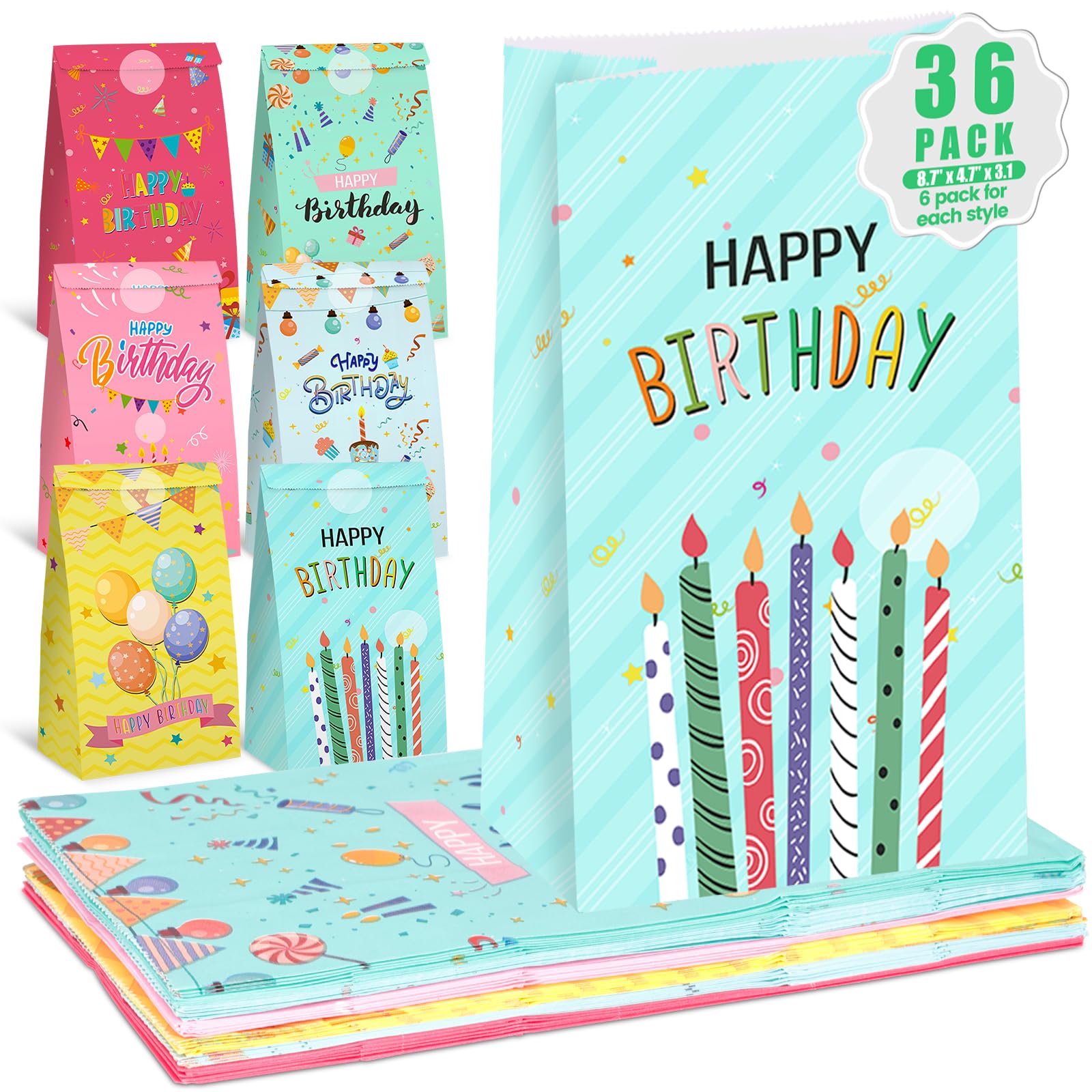Birthday Party Favor Bags – 36-Pack Kraft Paper Goodie Bags with Assorted Designs