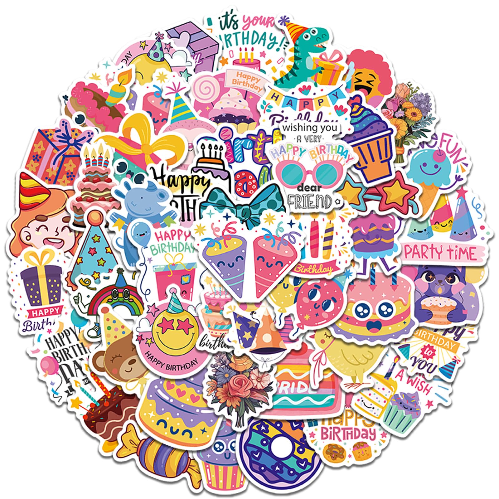 50-Piece Happy Birthday Kawaii Sticker Pack – Waterproof Vinyl Stickers for Kids & Teens