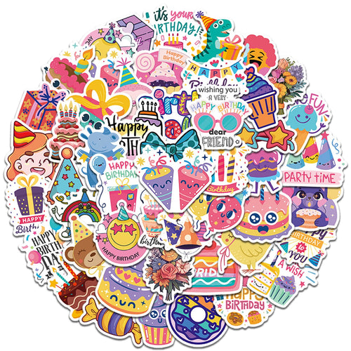 50-Piece Happy Birthday Kawaii Sticker Pack – Waterproof Vinyl Stickers for Kids & Teens