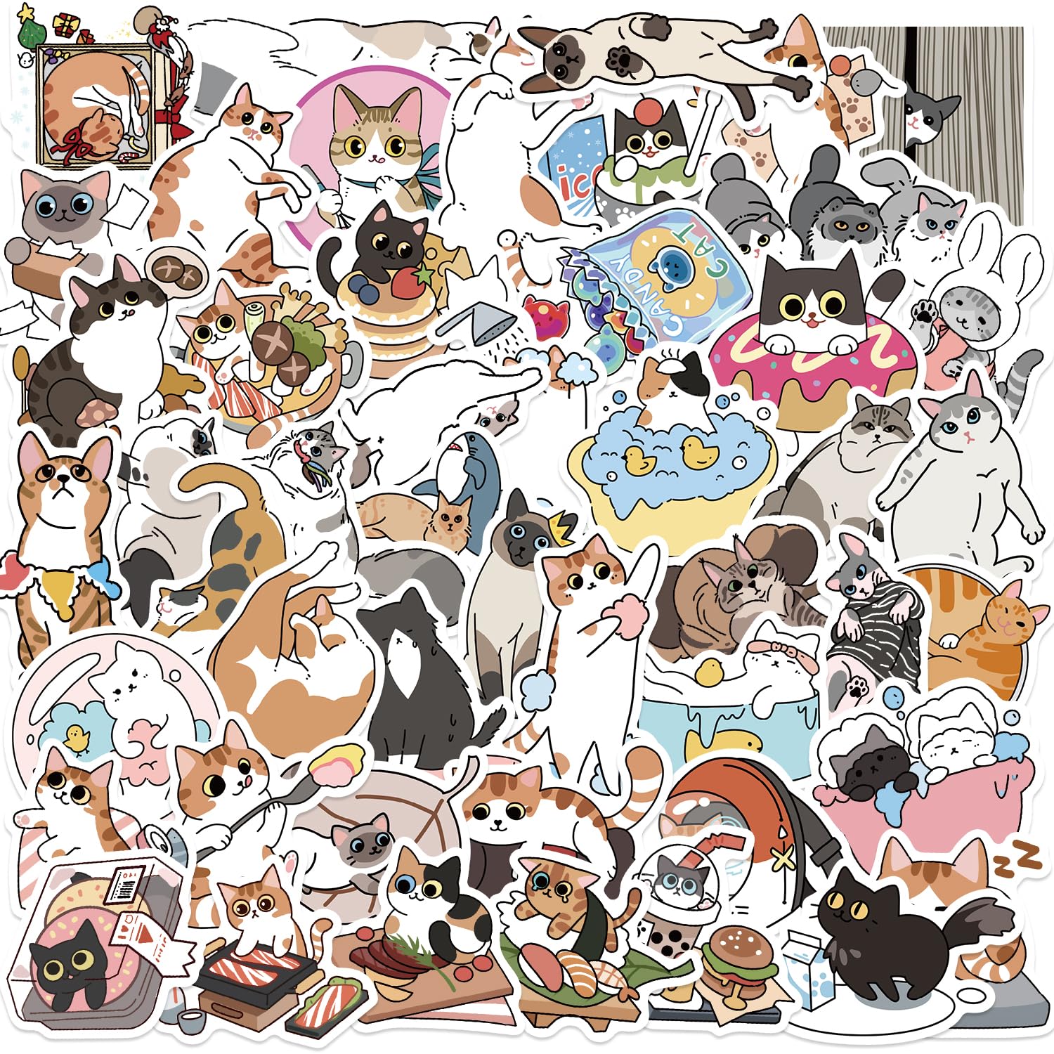 Cute Cat Stickers for Kids Water Bottles，50 PCS Vinyl Waterproof Cats ，Kids Adults Teens Party Favors Skateboard Pack Laptop Scrapbook Suitcase Luggage Guitar Computer