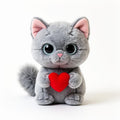 Super soft grey kawaii cat plush toy holding a red heart