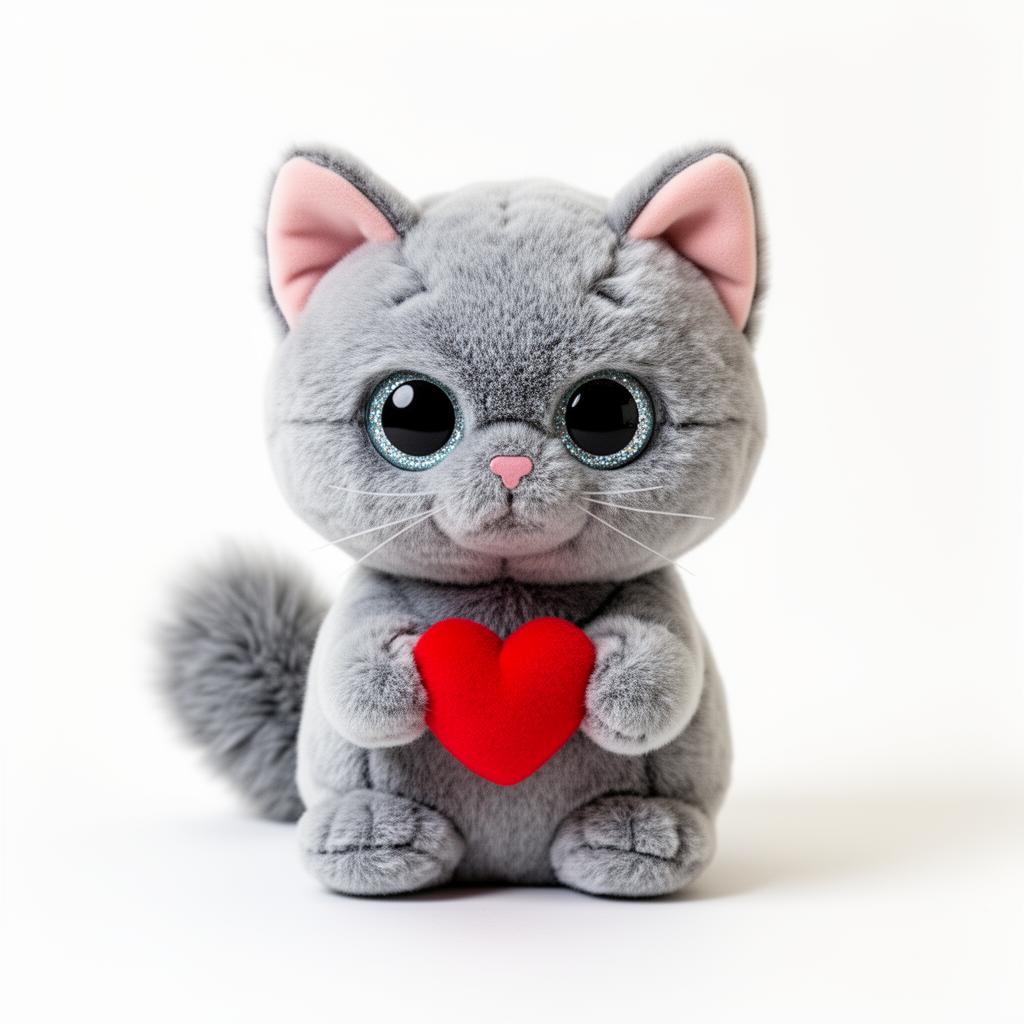 Super soft grey kawaii cat plush toy holding a red heart