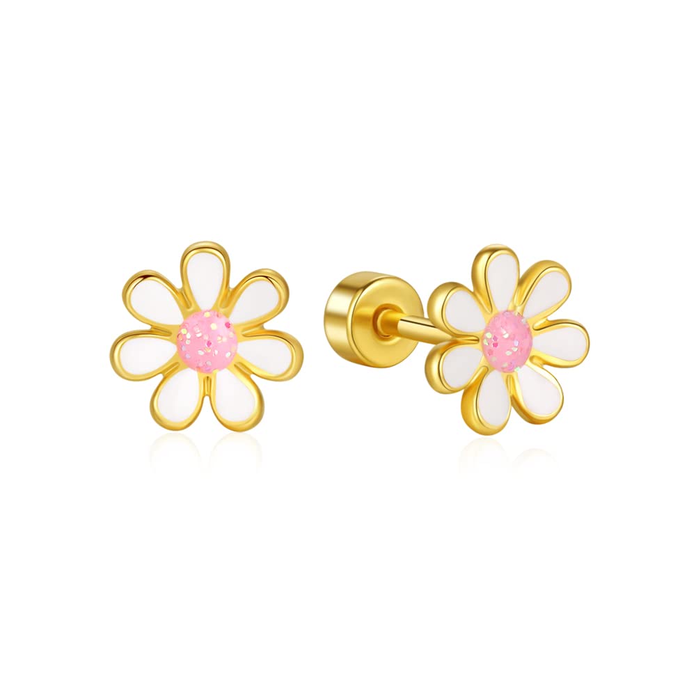 Daisy Flower Titanium Stud Earrings – Hypoallergenic Screw Back for Girls & Women