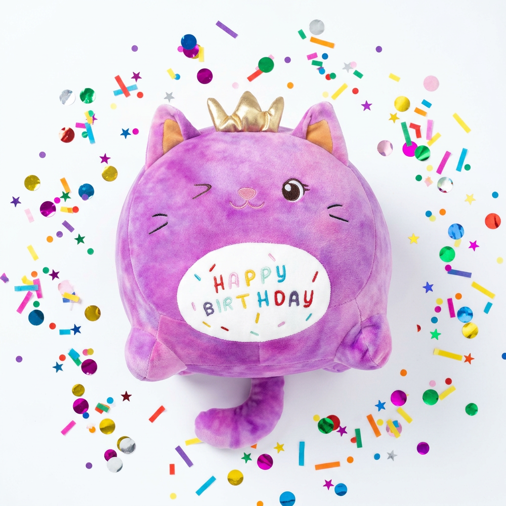 Happy Birthday Chubby Cat Plush Pillow – Super Soft Stuffed Animal Gift for Kids & Girls