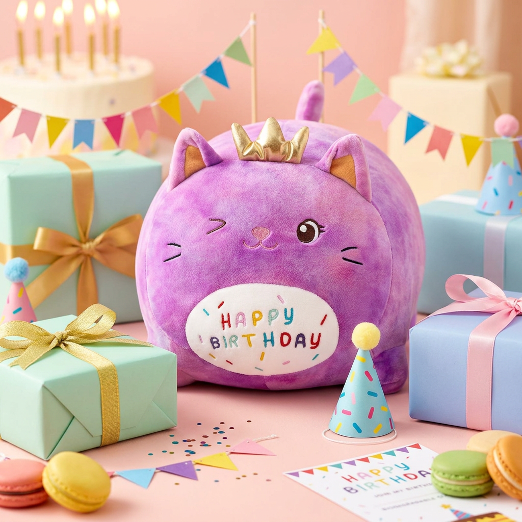 Happy Birthday Chubby Cat Plush Pillow – Super Soft Stuffed Animal Gift for Kids & Girls