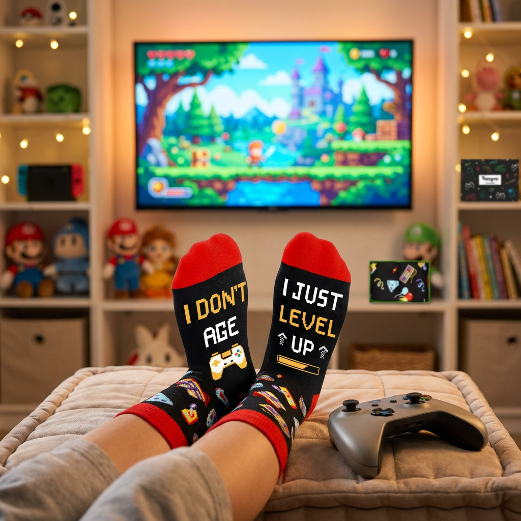 Gaming Socks for Teen Boys – "I Don't Age I Just Level Up" Gamer Gift Socks