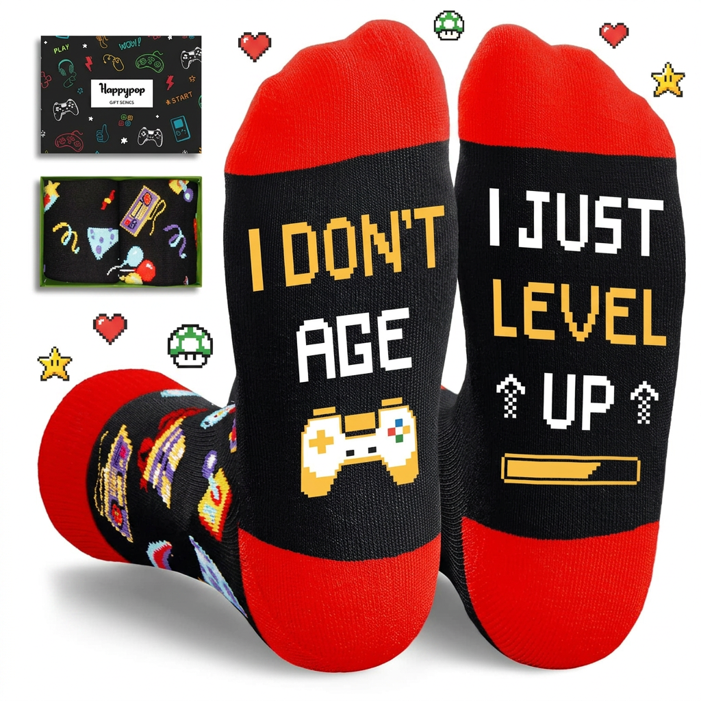 Gaming Socks for Teen Boys – "I Don't Age I Just Level Up" Gamer Gift Socks