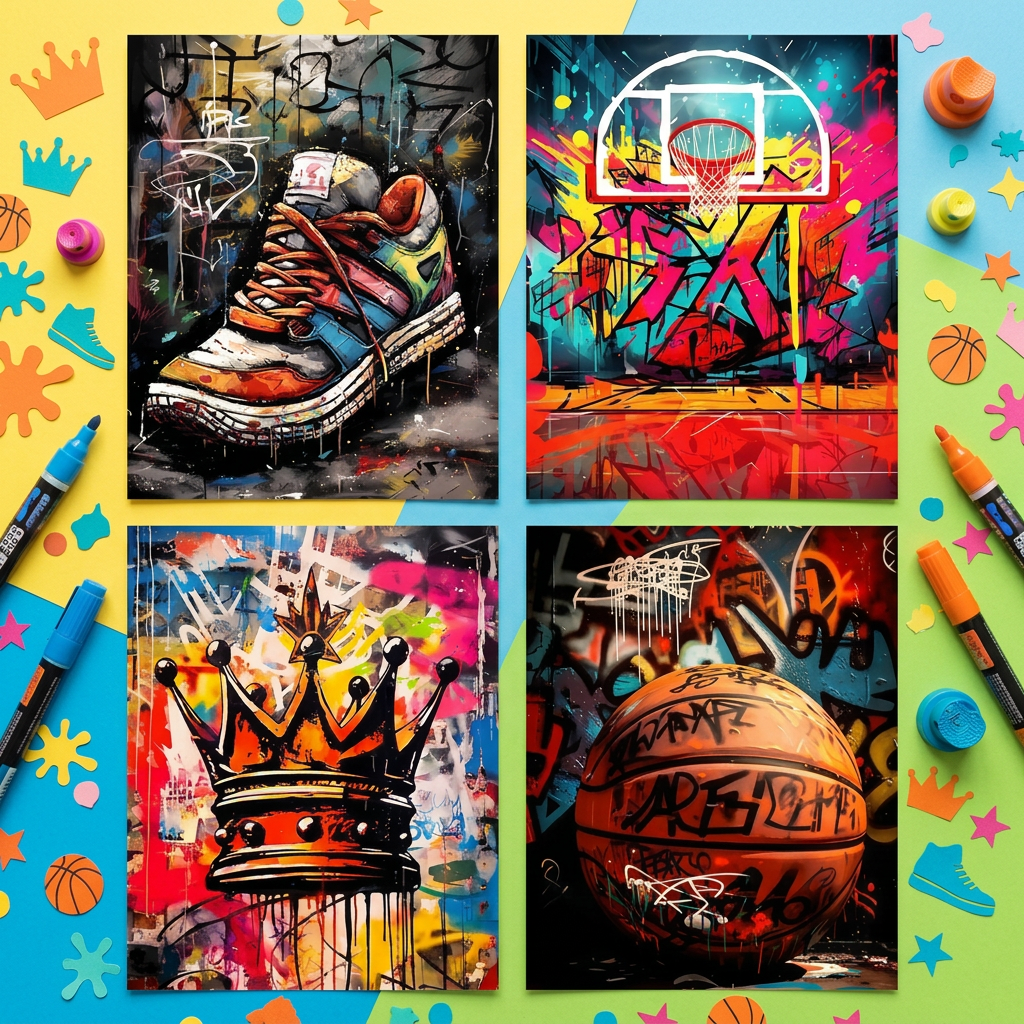 Street Sports Graffiti Basketball Art Prints – Set of 4 (8x10 inch) Wall Posters