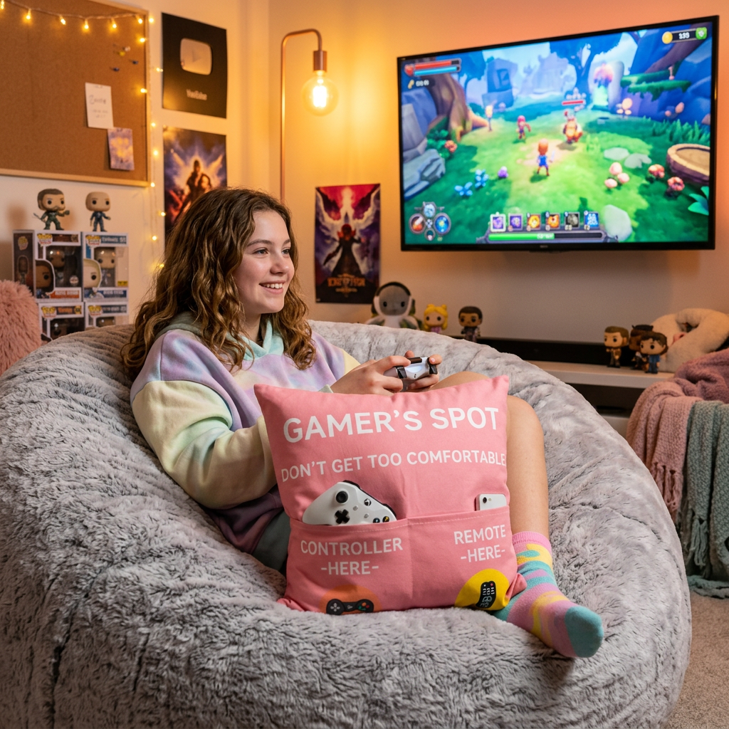 Gamer Gifts Throw Pillow Cover – 18x18 Inch Gaming Room Décor in Pink