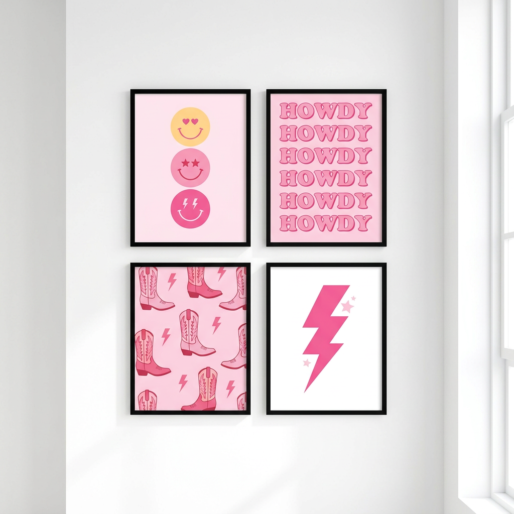 Preppy Room Decor Wall Art – 4-Piece Hot Pink & White Canvas Posters 8x10 inch