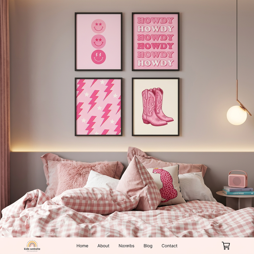 Preppy Room Decor Wall Art – 4-Piece Hot Pink & White Canvas Posters 8x10 inch