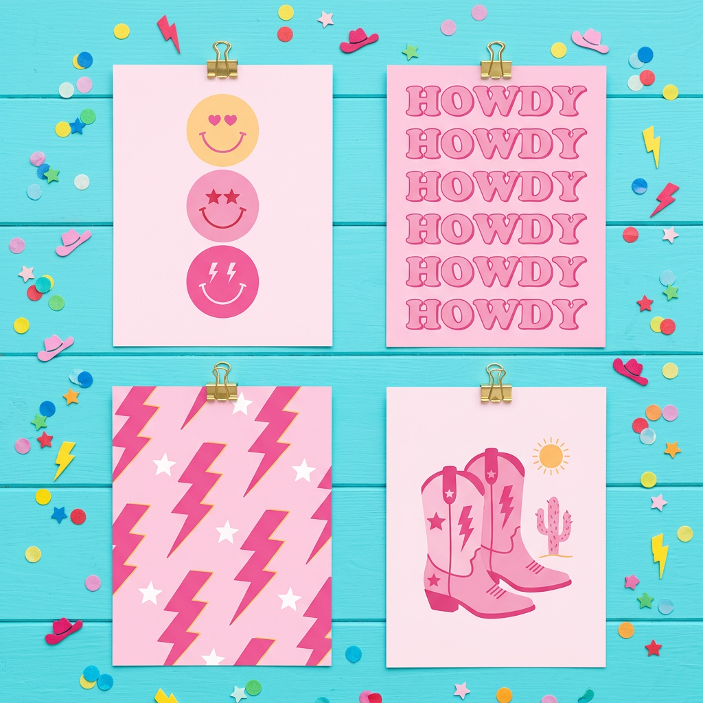 Preppy Room Decor Wall Art – 4-Piece Hot Pink & White Canvas Posters 8x10 inch